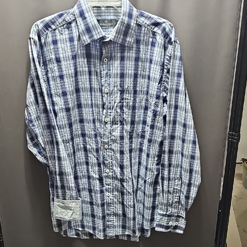 Bugatchi Blue and White Checkered Shirt